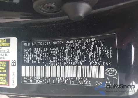 2011 Toyota Corolla Le из США, поврежденный, VIN 2T1BU4EE1BC560949